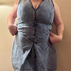 Vintage 90s Acid Wash Denim Zip Front Open Back Mini Dress